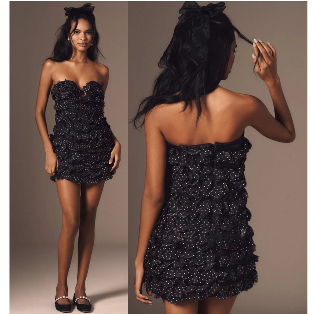 NEW Anthropologie Maeve 3D Floral Polka Dot Mini Dress Black